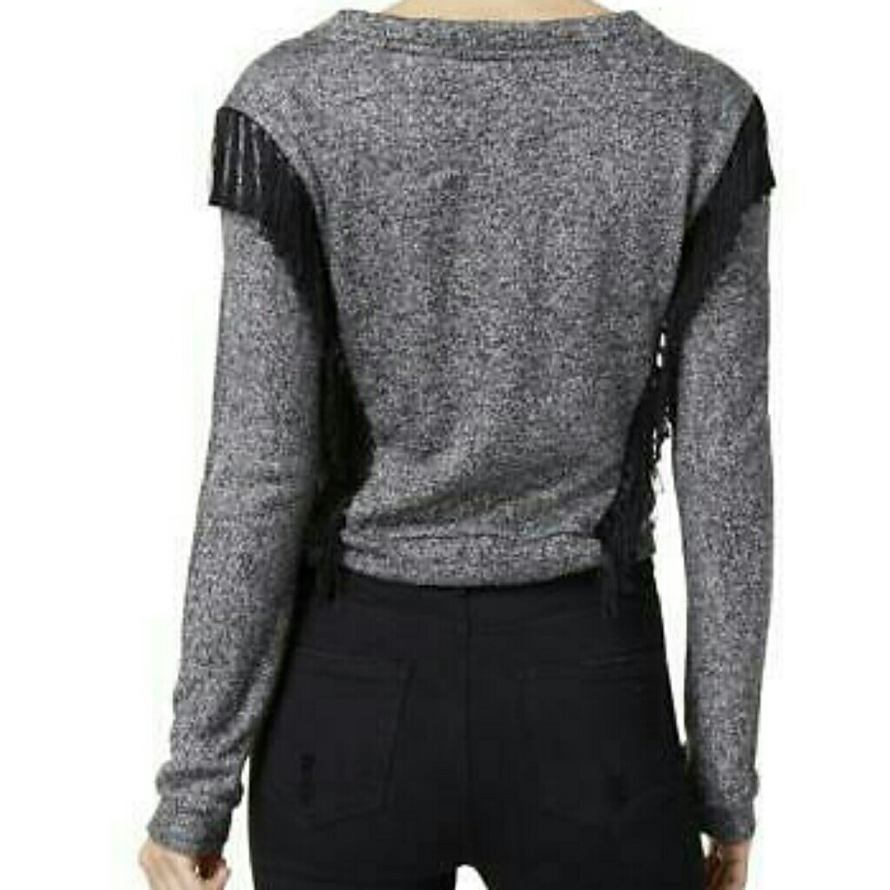 NWT Cozy Fringe Crop Sweater Grey Black Size L